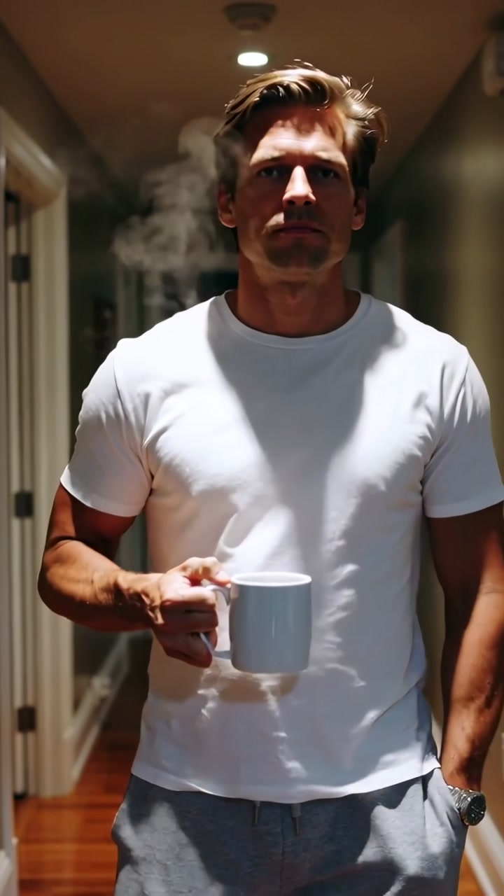 Vertical video: Walking man starting back holding steaming mug down narrow hallway, wearing watch