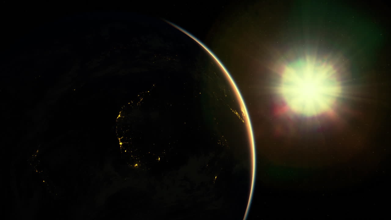 Beautiful view of earth from space during sunrise with glowing sunlight