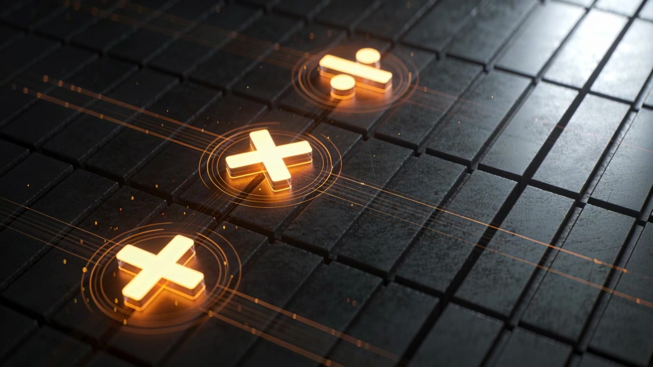 Animating 2+ and ÷ symbols pulsing, holo rings, orange trails across dark grid camera panning intr