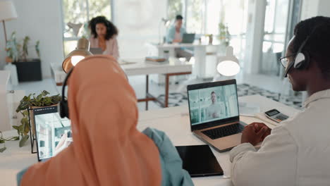 laptop, online meeting and business people