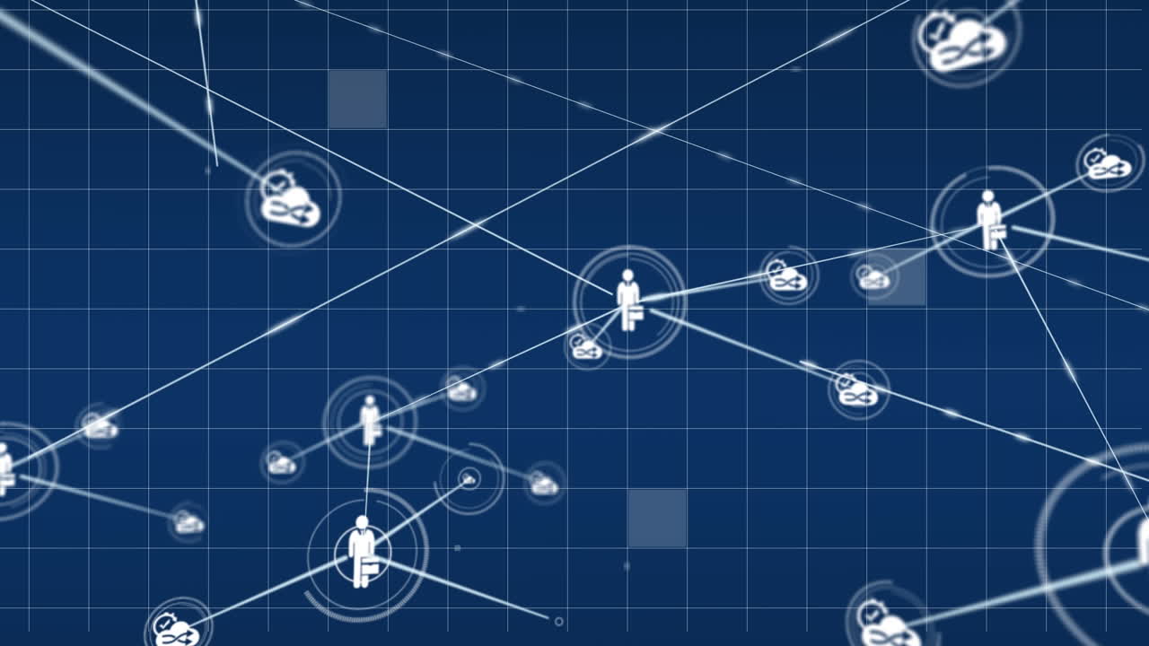 파란 바탕에 그리드 패턴을 이동하는 선과 연결되는 아이콘의 애니메이션