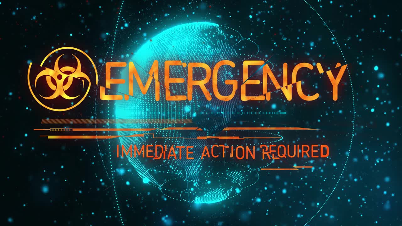 Globo turchese che emerge ruotando mentre un'icona di rischio biologico svanisce e un testo di emergenza si forma, avvisando