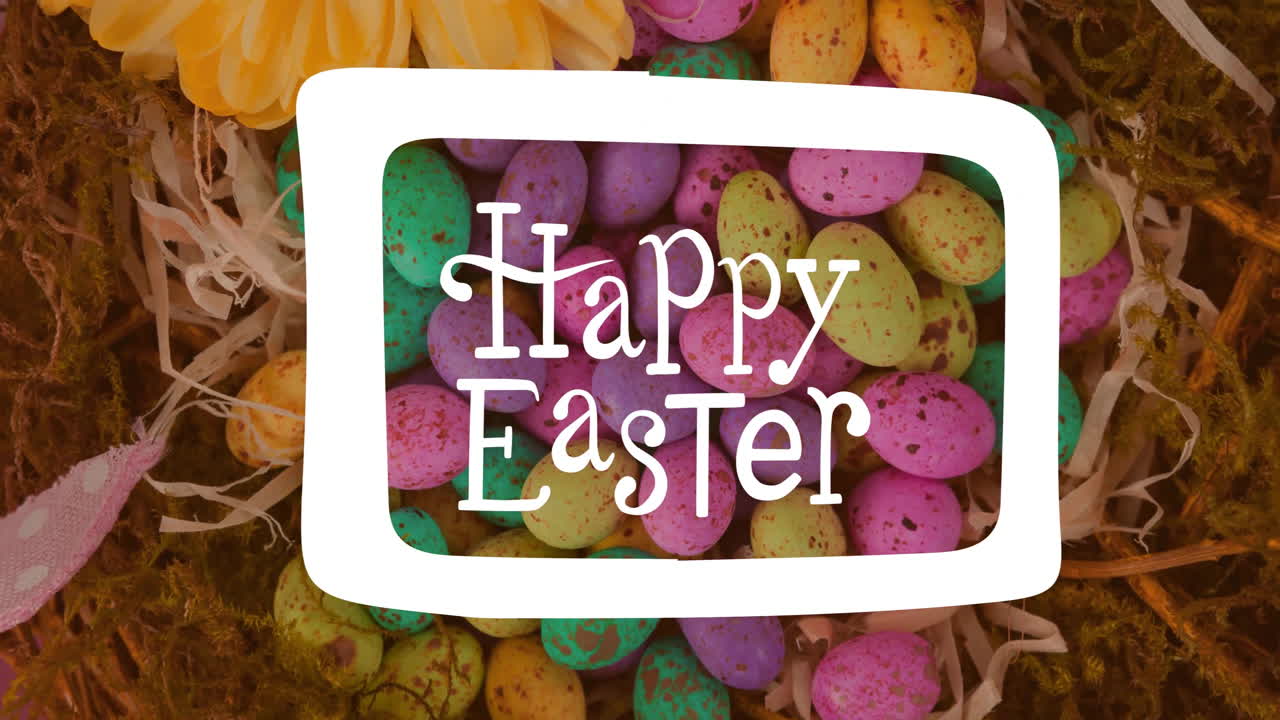 Happy Easter text animation over colorful speckled eggs background