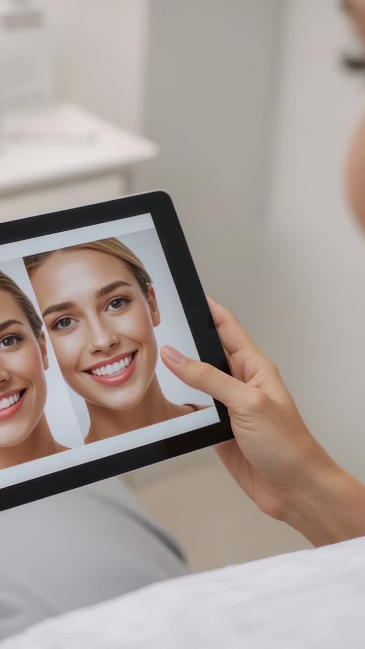 Vídeo vertical: polegar direito descansando, mulher de vestido branco inclinando um tablet na cama, comparando retratos