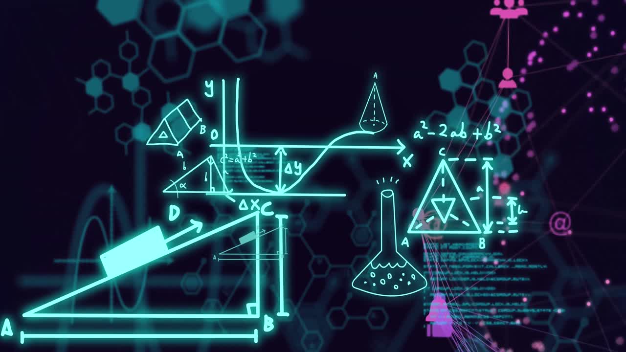 검은 바탕 위에 수학적 공식과 과학적 데이터 처리의 애니메이션