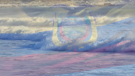 digital composition ecuador flag waving against aerial view of waves in the sea