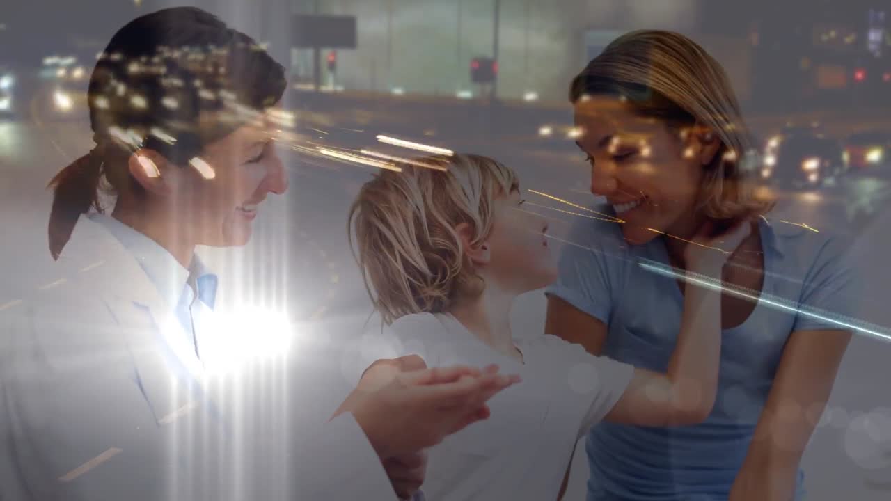 하 ⁇ 색 여성 의사가 어머니와 함께 아이를 검사하는 야간 도로 교통의 애니메이션