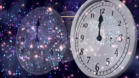 Animation-of-happy-new-year-text-with-fireworks-exploding-and-glowing-lights-over-moving-clock