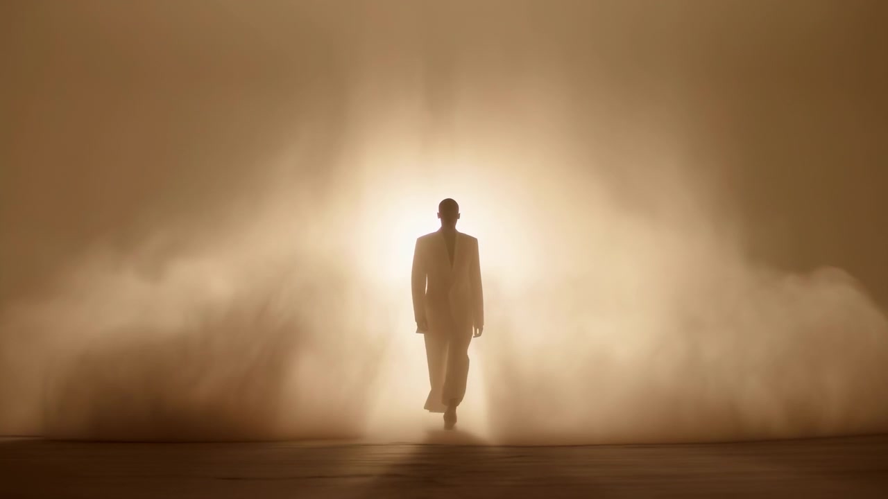 Una figura intera in silhouette cammina verso una luminosa retroilluminazione centrale attraverso una fitta nebbia, con un alone luminoso, un'ombra morbida a terra e un forte contrasto che creano un movimento atmosferico suggestivo in una scena minimale.