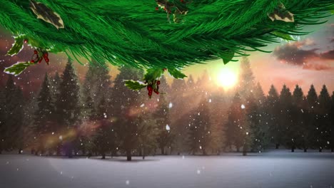 animation of fir branches over fir tree in winter landscape