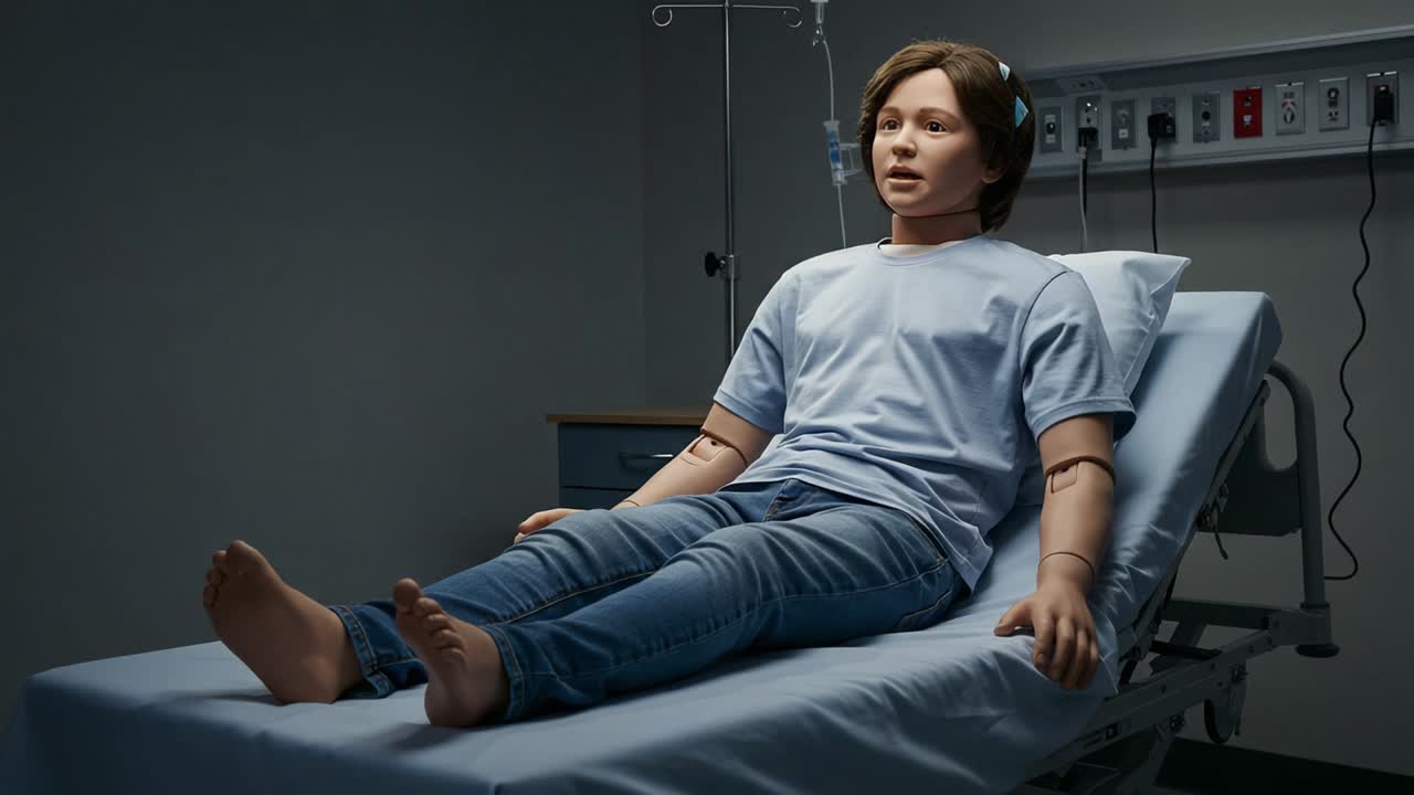A realistic medical training simulation featuring a child-like mannequin lying on a hospital bed, illustrating a clinical environment for healthcare education and practice