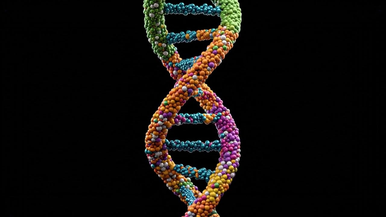 Kleurrijke DNA-dubbele helix geïsoleerd tegen een donkere wetenschappelijke achtergrond