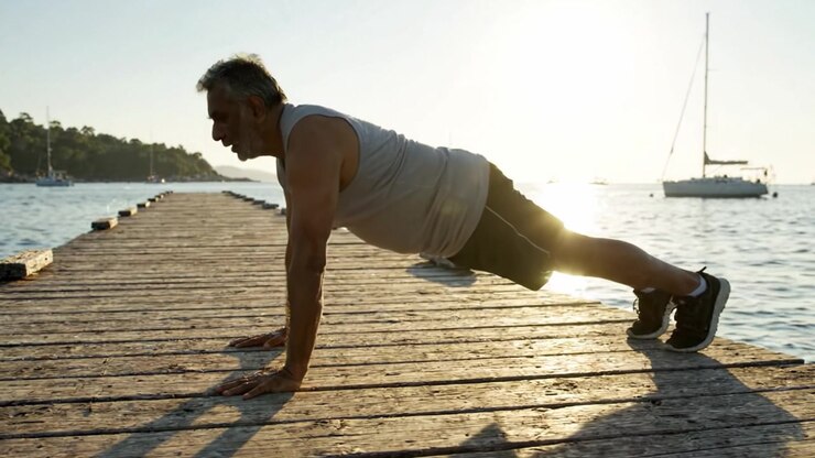 A Man Engages in a Challenging Push-Up Workout on a Scenic Pier During Sunset, Highlighting Dedication to Fitness and Well-Being