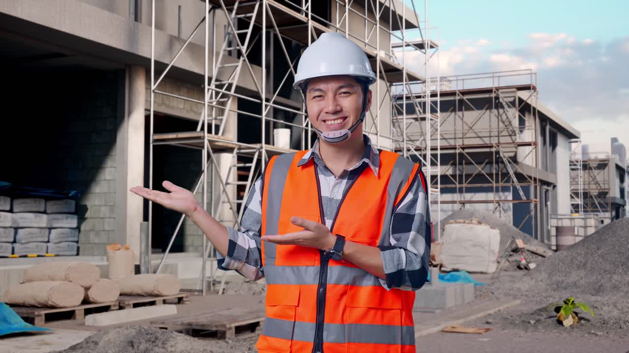 Asian Male Engineer With Safety Helmet Smiling And Pointing To Side While Standing At Building & Construction Site in Progress to New House