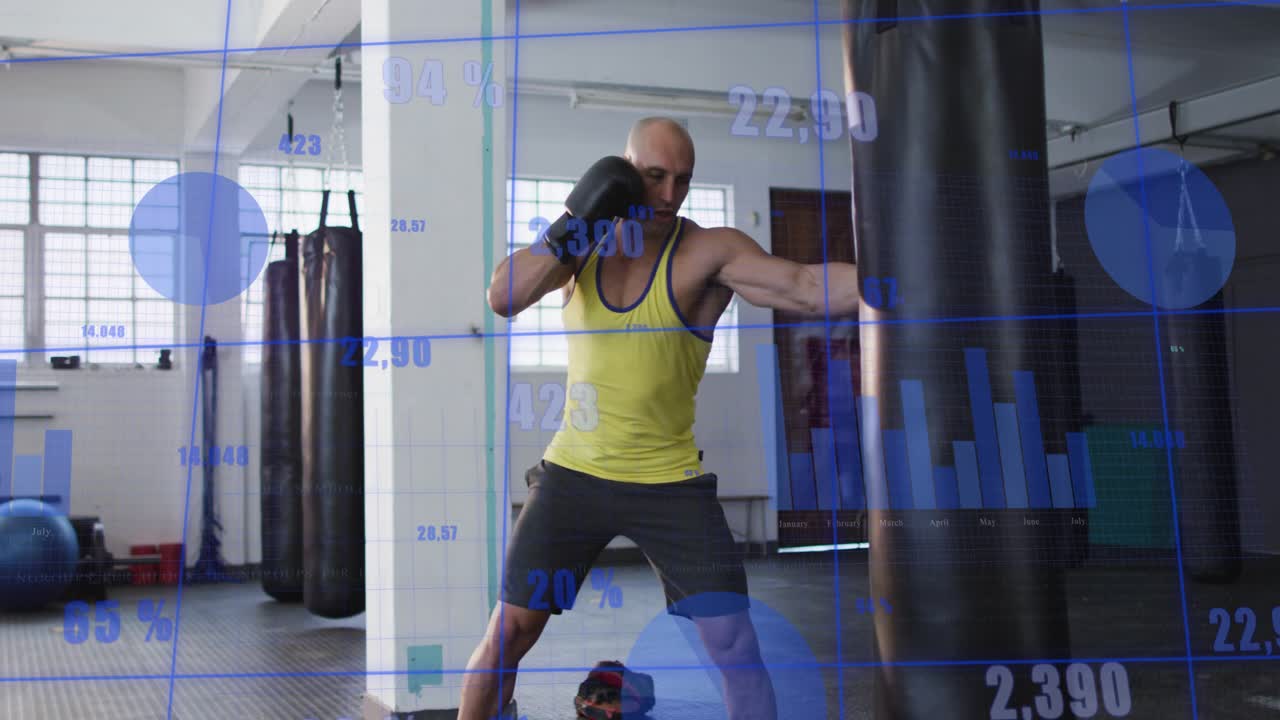 Boxer starting heavybag routine from wide stance in gym, blue bar or pie charts % overlaying trackin