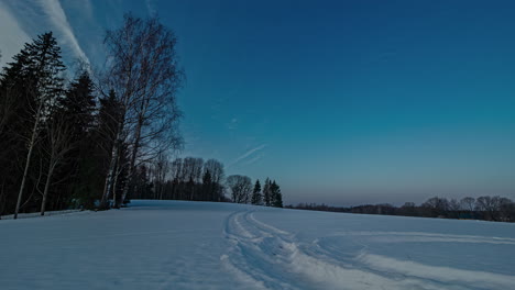 Ein-Winterlicher-Zeitraffer-über-Einer-Schneebedeckten-Waldwiese