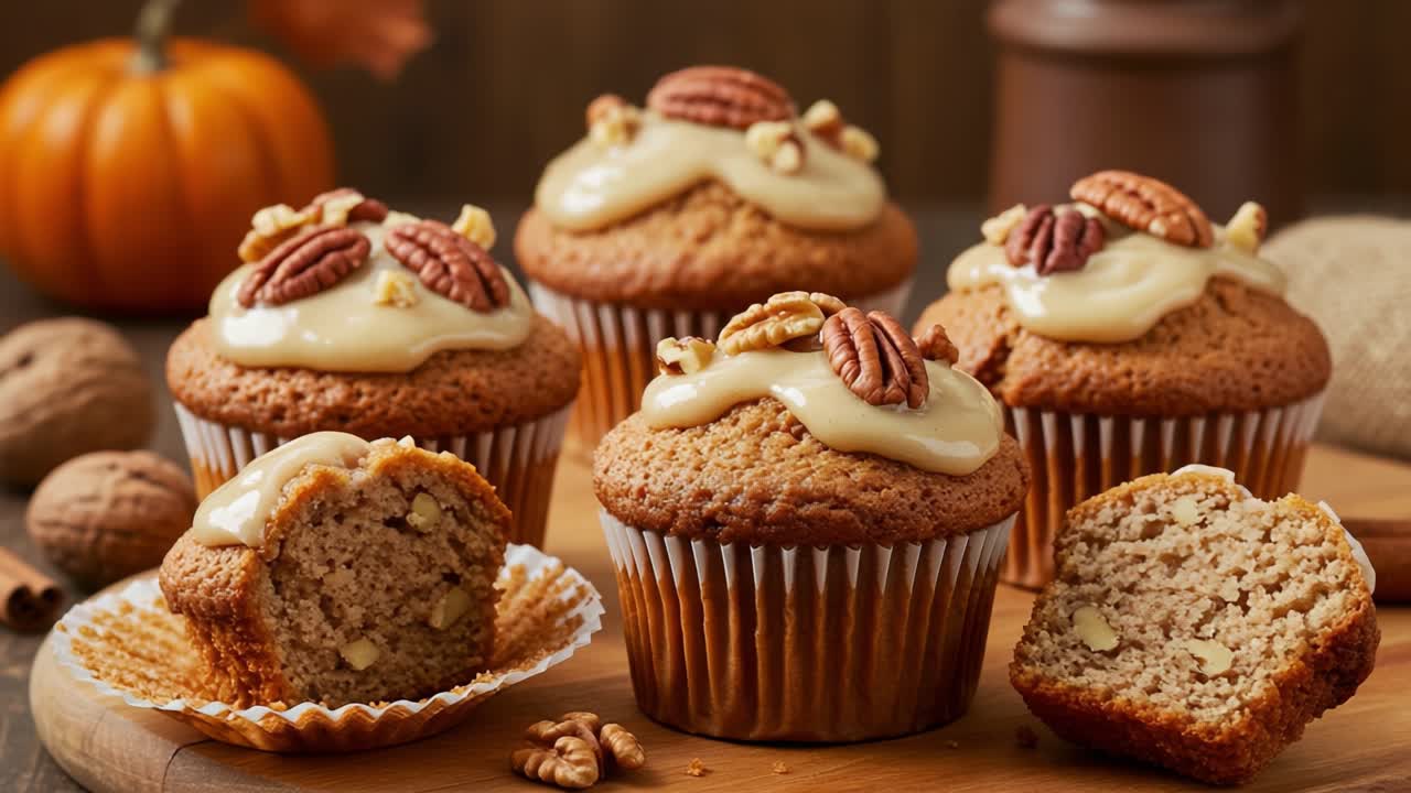 Autumn Pecan Cupcakes with Glaze and Pumpkin Decoration