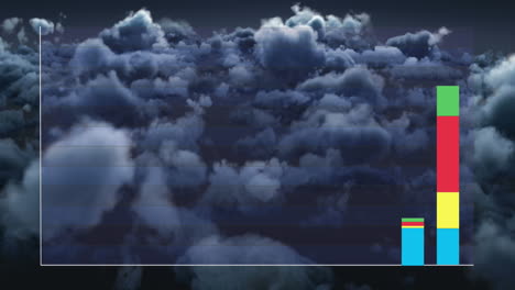 el video muestra una animación de procesamiento de estadísticas con cuadrados y nubes de humo en un cielo oscuro