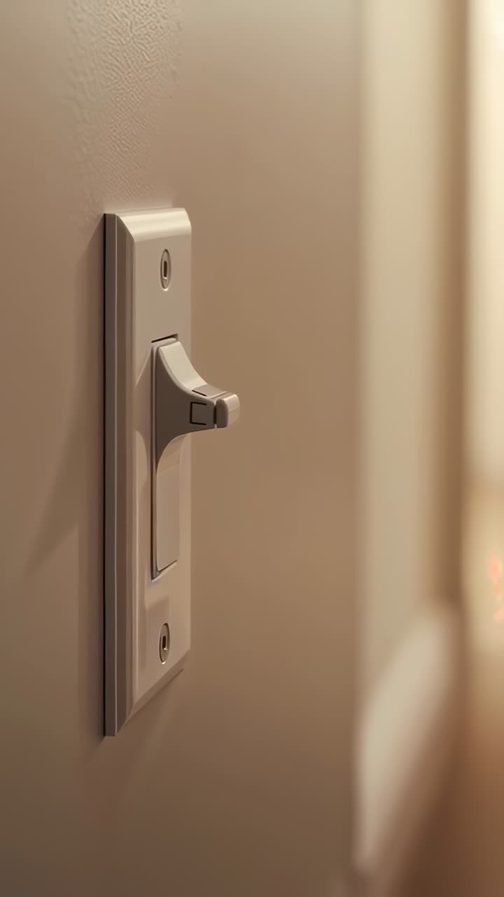 Vertical video: Focusing camera, framing rocker switch with cover in hall for detail, copy space