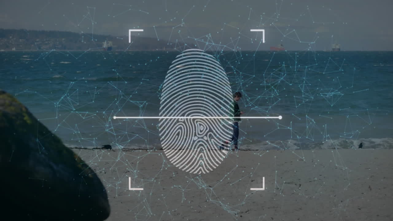 Fingerprint scanning over beach and ocean background, digital security concept
