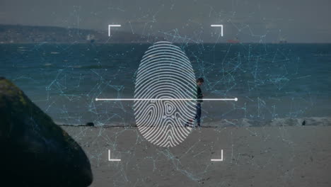 fingerprint scanning over beach and ocean background, digital security concept