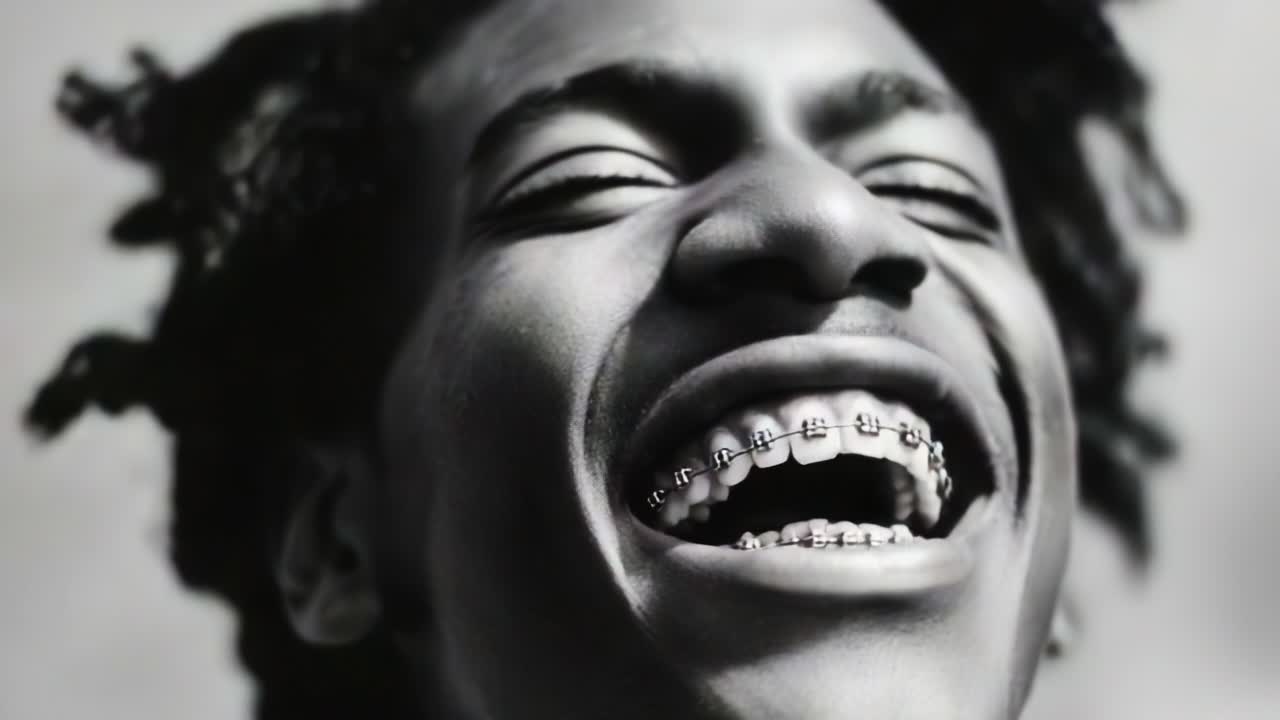 A Joyful Expression Captured in Black and White: A Person with Braces Laughing Heartily, Emitting Pure Happiness and Unfiltered Joy, Showcasing the Beauty of Emotion and Authenticity