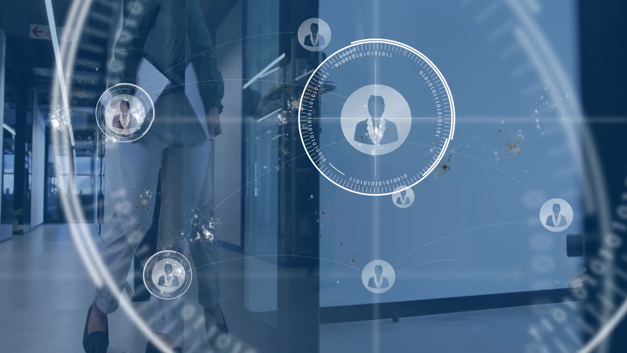 Network of connections and data processing animation over people in office hallway