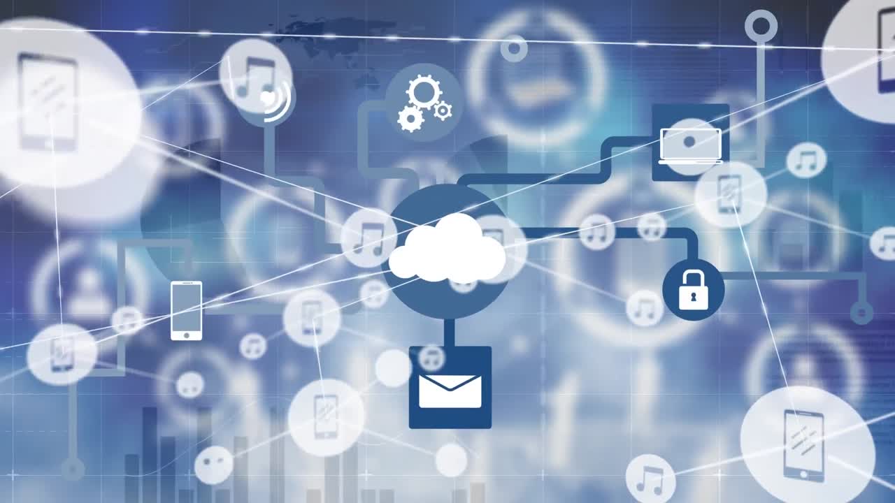 파란색 배경에 대한 통계 데이터 처리에 대한 디지털 아이콘 네트워크의 애니메이션