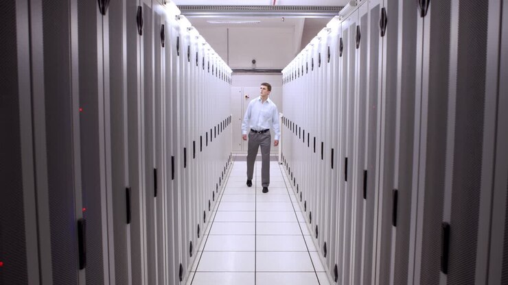Technician walking in server hallway