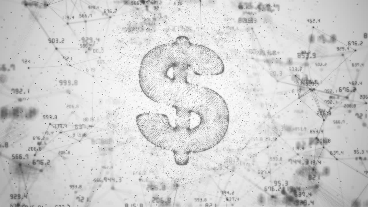 US currency dollar sign on white background with changing financial indicators. Lines and dots with moving numbers. Abstract looped animation.