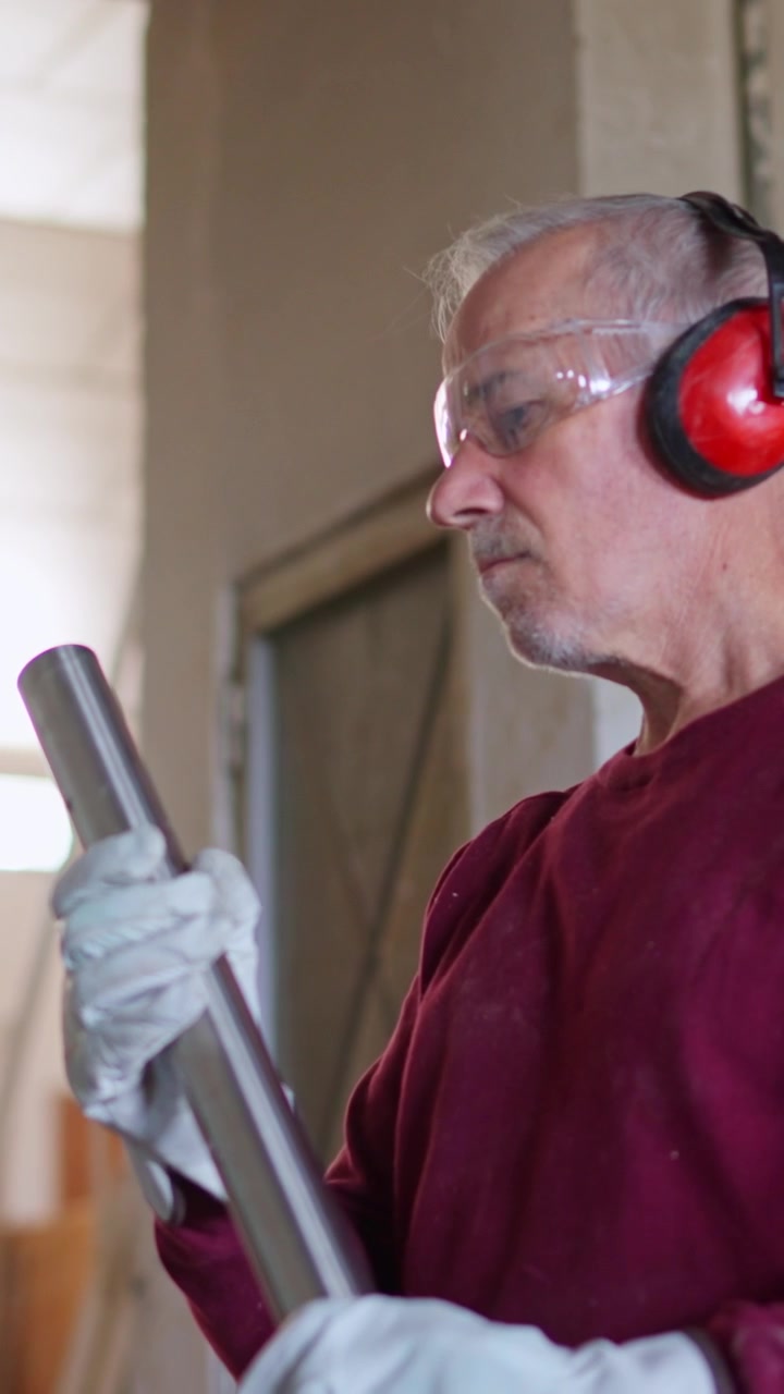 Senior Man in Safety Gear Inspecting a Metal Pipe