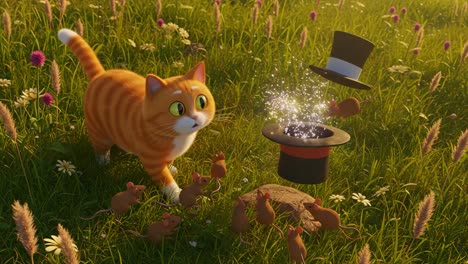 an enchanted encounter: a curious cat discovers a magical hat surrounded by adorable mice in a vibrant field of flowers