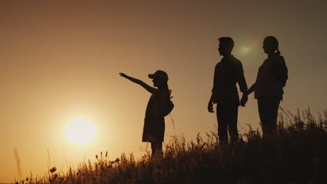 silhouettes of a happy family together they meet the dawn in a picturesque place 4k video