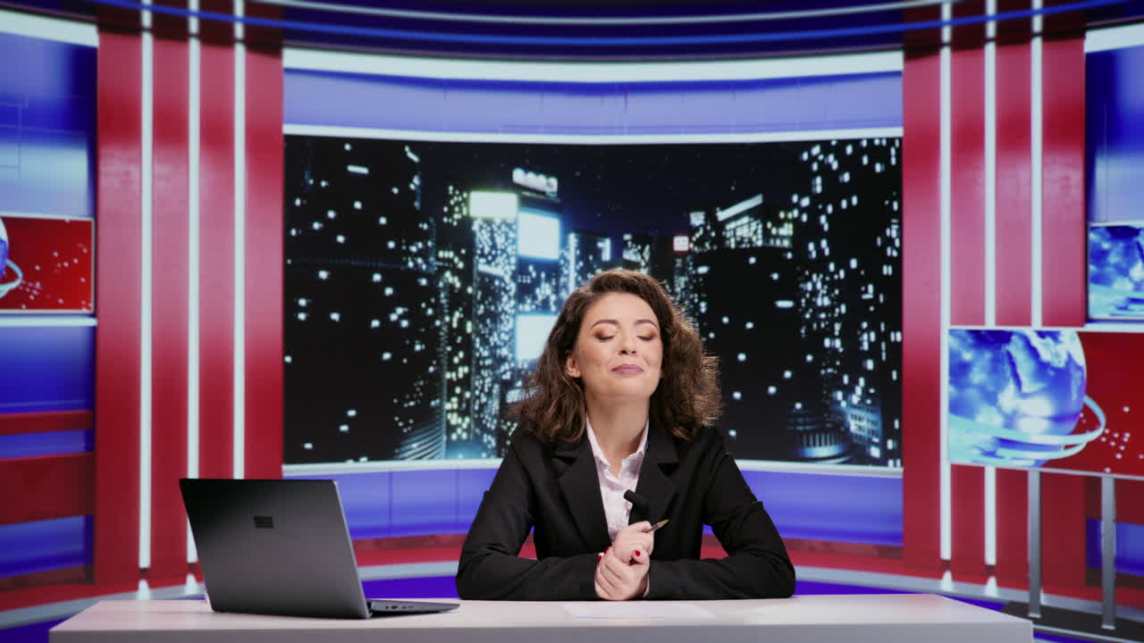 여성 야간 토크쇼 진행자가 생방송을 하고 있습니다.