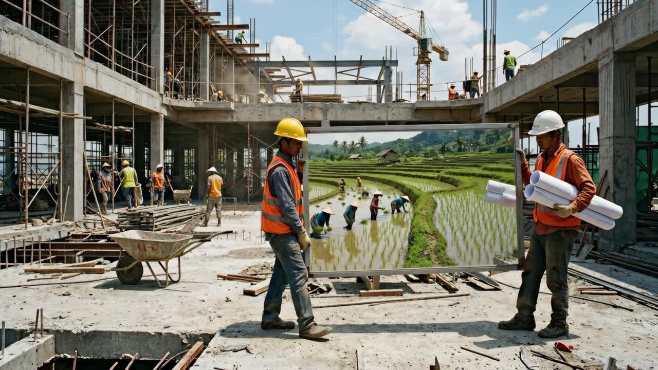 Pekerja Konstruksi Membawa Cermin yang Memantulkan Sawah di Lokasi Pembangunan