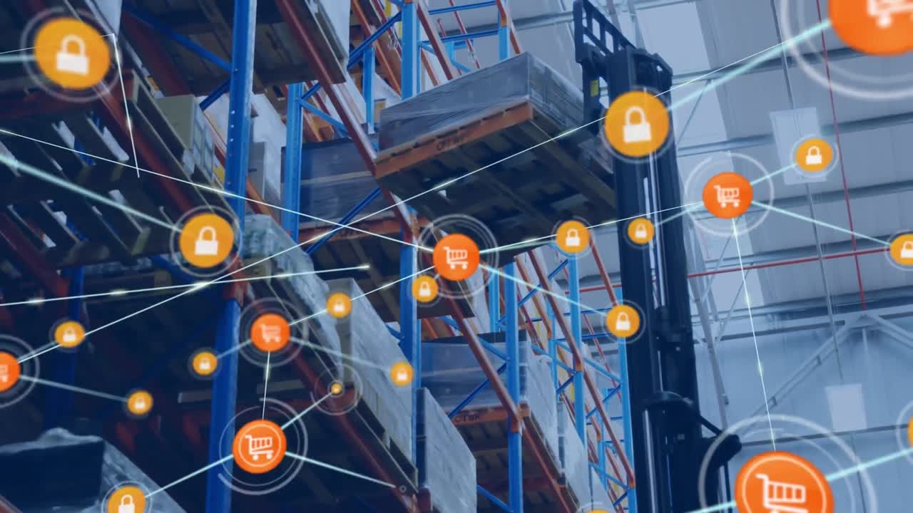 animación de la red de conexiones con iconos sobre el almacén