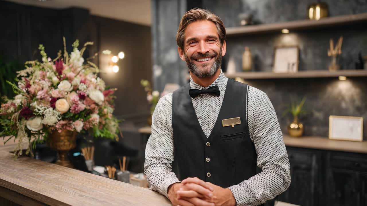 A Friendly Attendant Welcomes Guests with a Warm Smile in a Stylish Venue, Surrounded by Elegant Floral Arrangements and Modern Decor Elements