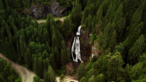 Cascada-Pico-Vladeasa-Y-Región-De-La-Cascada-De-La-Novia-Rumania,-Vista-Orbital-Aérea-De-Arriba-Hacia-Abajo,-Pinos-Del-Bosque-Verde,-Sendero