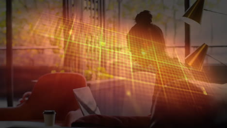 animation of isoelectric line over biracial businesswoman using laptop in office