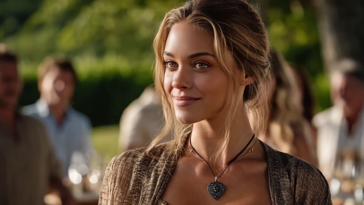 Captivating Woman Smiling at a Social Gathering, Surrounded by Friends in a Scenic Outdoor Setting Filled with Nature's Beauty and Joyful Atmosphere