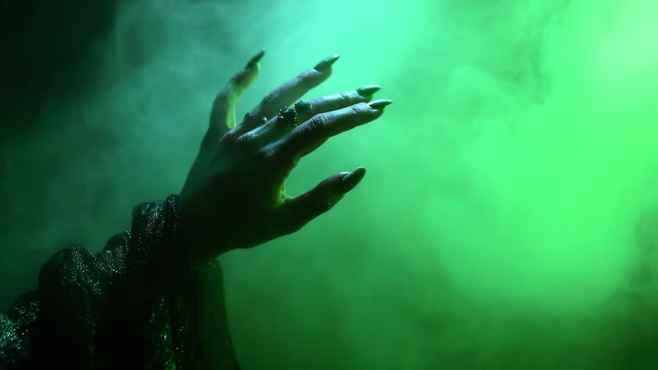 A Mysterious Hand Emerges from Enigmatic Green Smoke, Exuding an Ominous Presence and Magical Vibes, Captivating the Viewer with its Intriguing Aura
