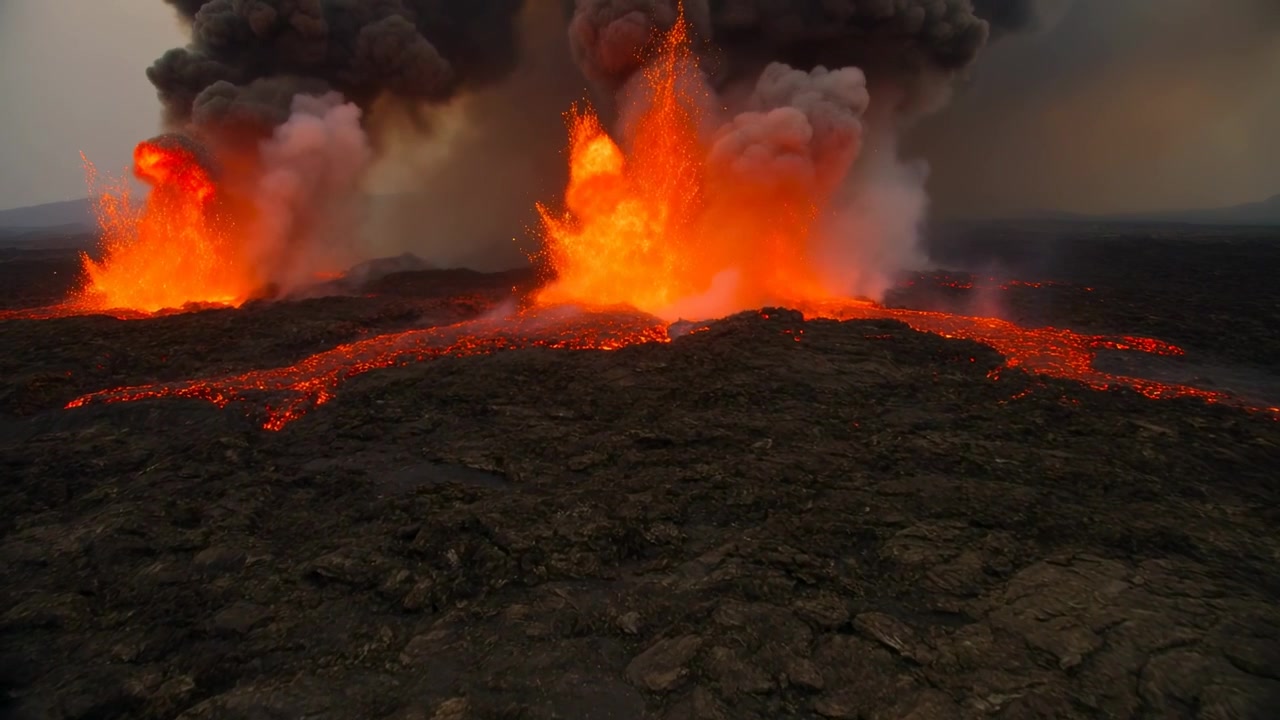 Fessura che si apre alimentando bocche eruttive che emettono getti e colate di lava attraverso una piana lavica, rilasciando cenere.