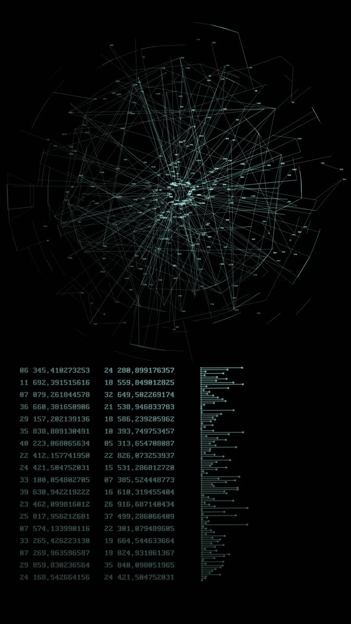 HUD interface featuring a glowing 3D particle node network above scrolling technical data. Concept for AI, deep learning, and neural connections