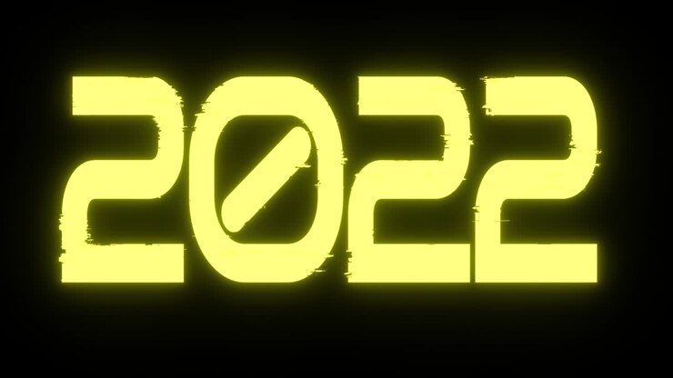 Numeri scintillanti 2022 su sfondo nero. Animazione 3D di Capodanno in loop continuo. Colore giallo