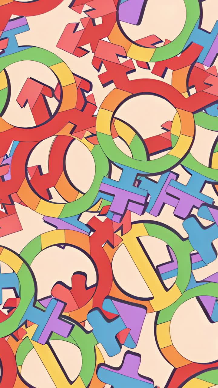 Vertical video: Starting gender symbols rotating on beige and magenta-purple triangles scattering