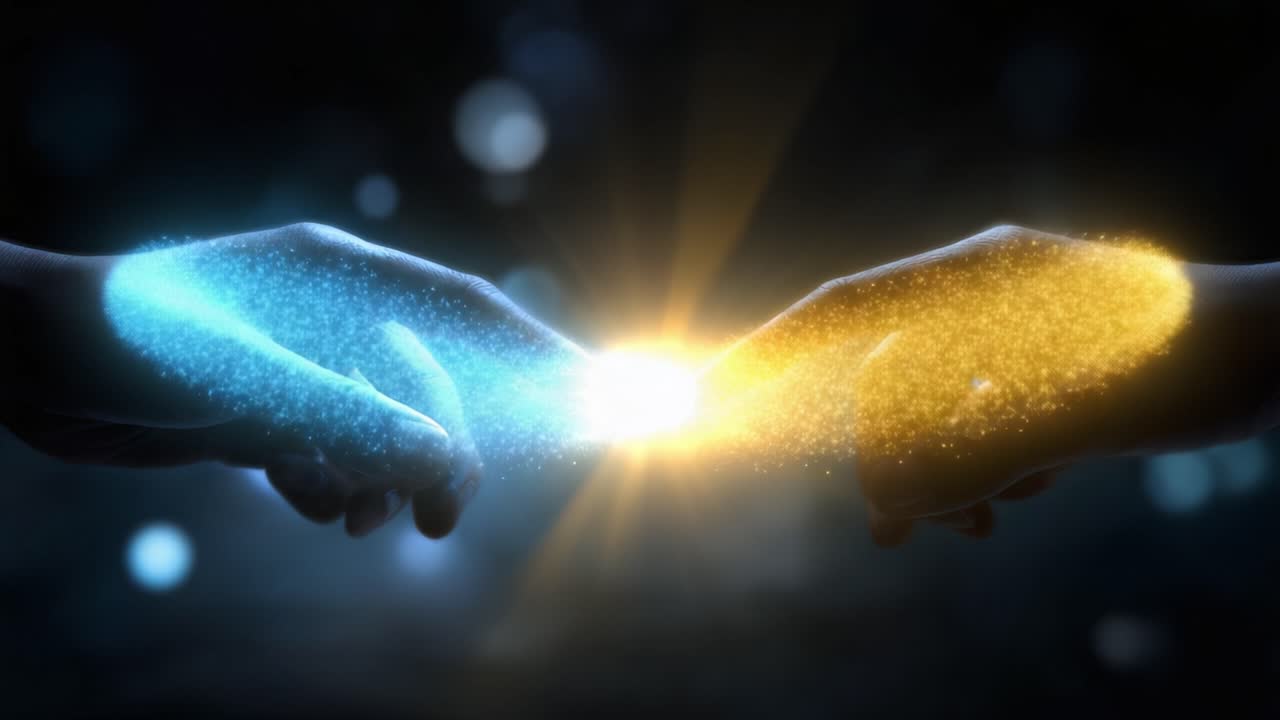A Captivating Moment of Connection: Two Hands Reaching for Each Other Amidst a Glimmering Light, Symbolizing Unity, Love, and the Power of Human Connection