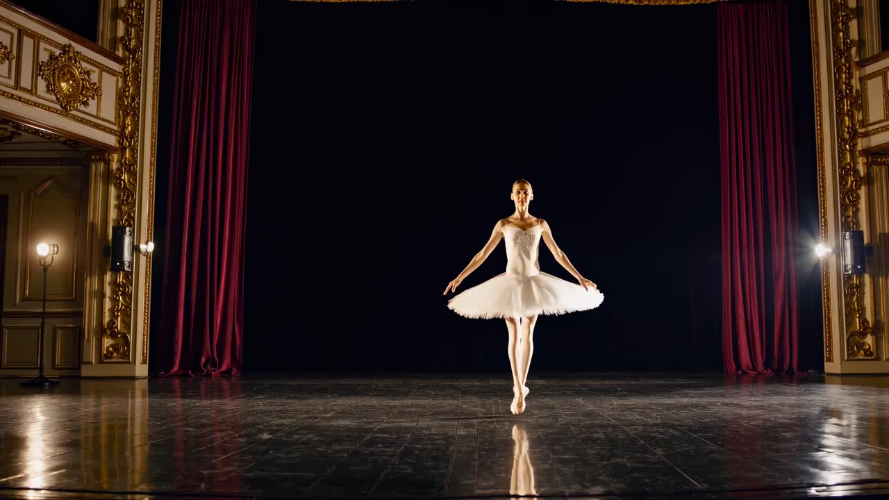 Wide-angle shot of a ballerina in a white tutu on stage, captured from the front