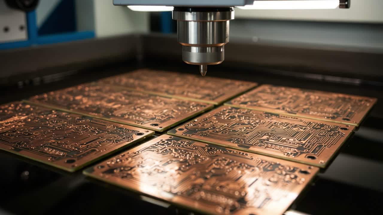 Advanced PCB Manufacturing Process: Close-Up View of Multilayer Copper Printed Circuit Boards Being Processed with Precision Equipment in a High-Tech Environment