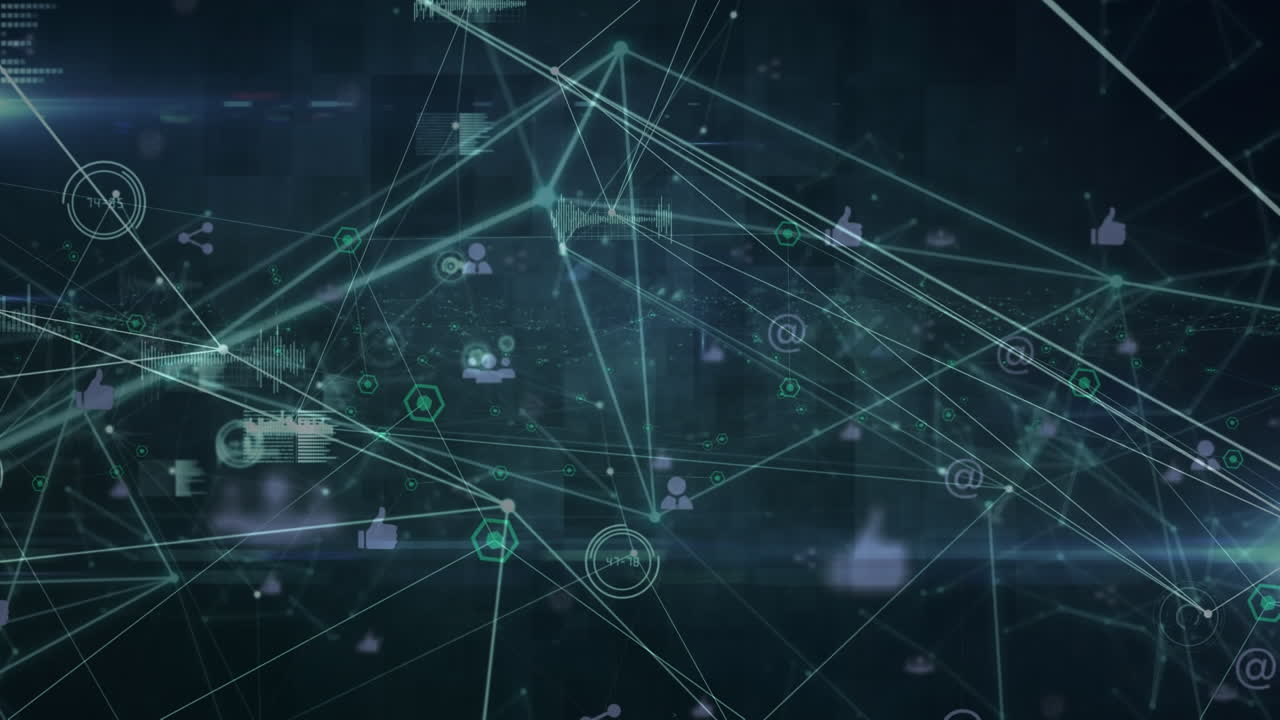 Animation of network of connections with icons on blue background