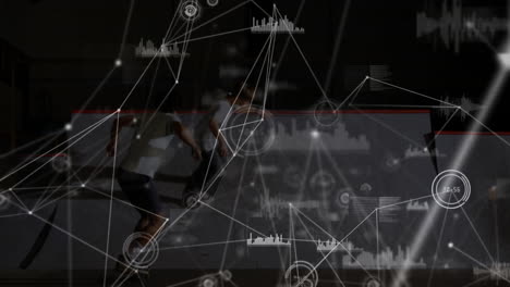 two male skateboarders carving indoors in tech showcase while network lines and bar charts floating